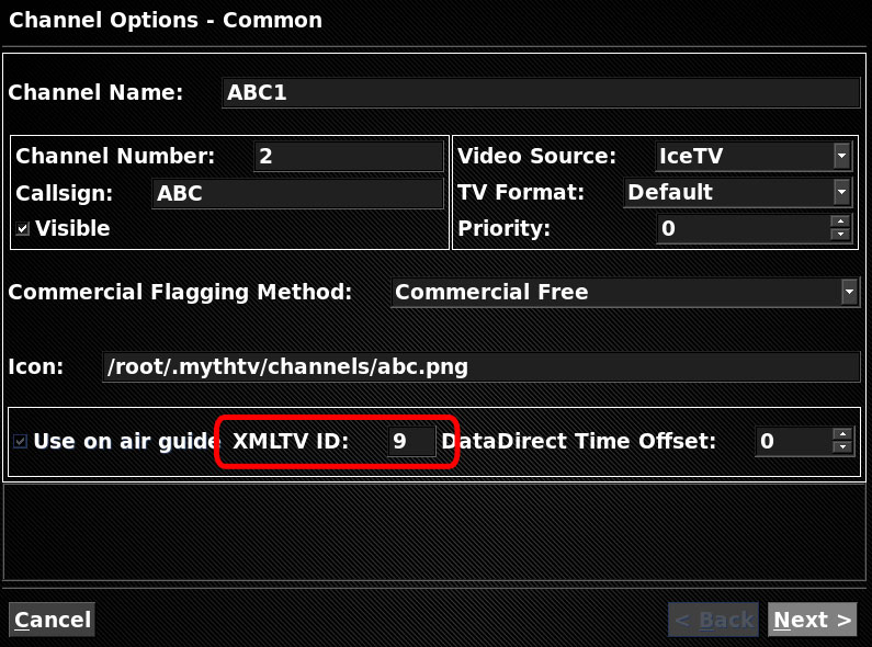 MythTV Channel Options screenshot